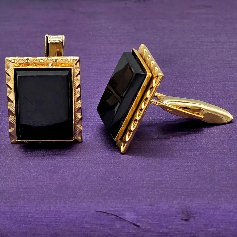 VTG Gold Finish Postage Stamp Rectangle Black  MCM Mid Century Modern Cuff Links